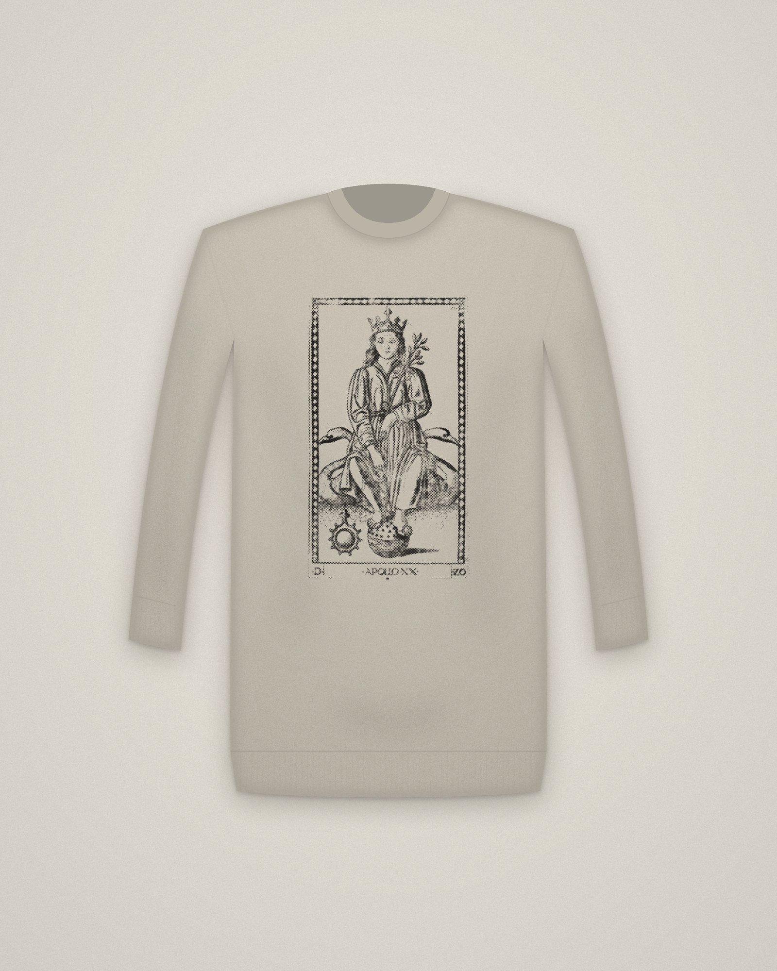 Apollo Crewneck in Stone, Apollo, from the Tarocchi: Apollo and the Muses printed in halftone