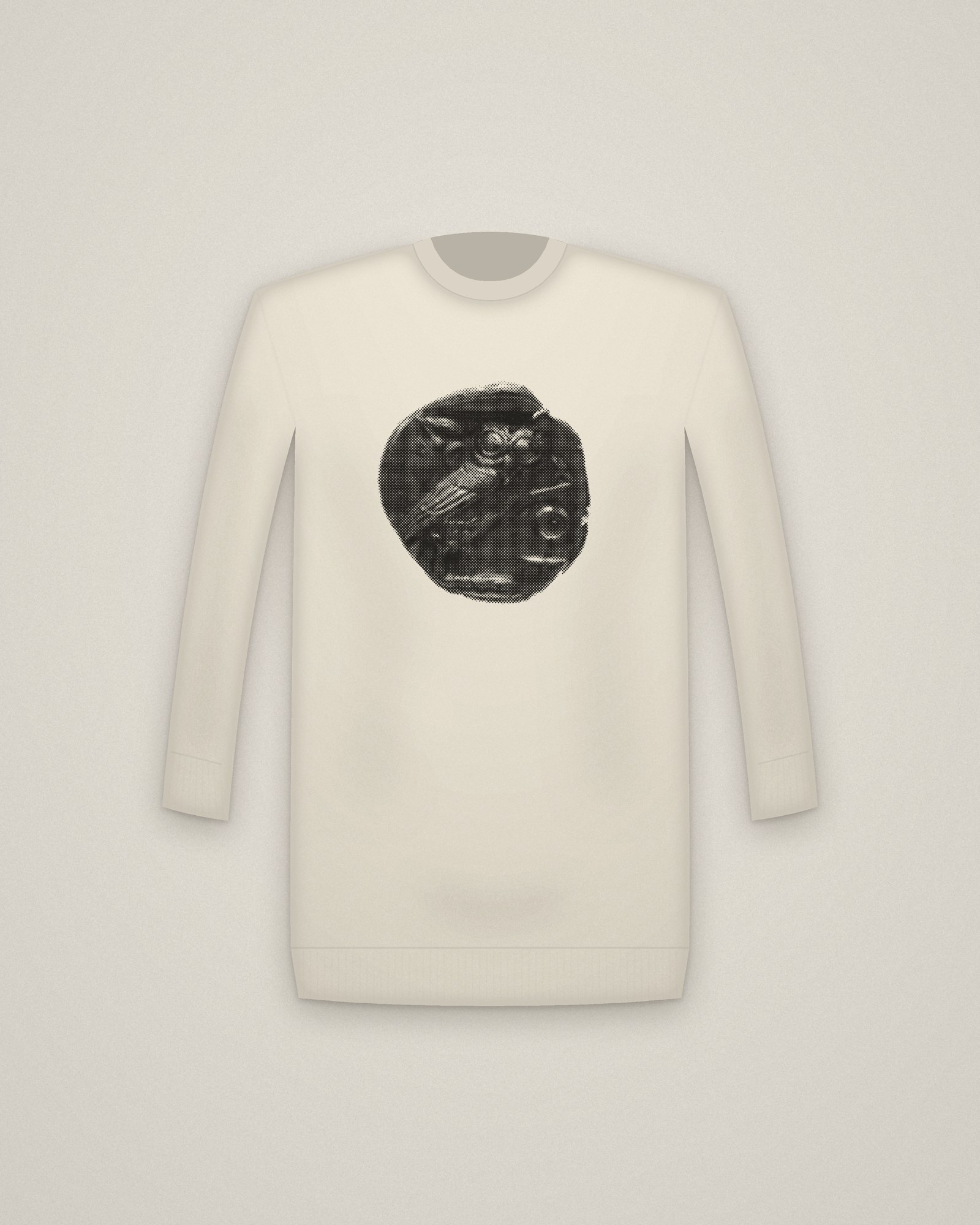 Athena's Owl Crewneck in Natural, Tetradrachm: Owl with Crescent Moon and Olive Branch printed in halftone