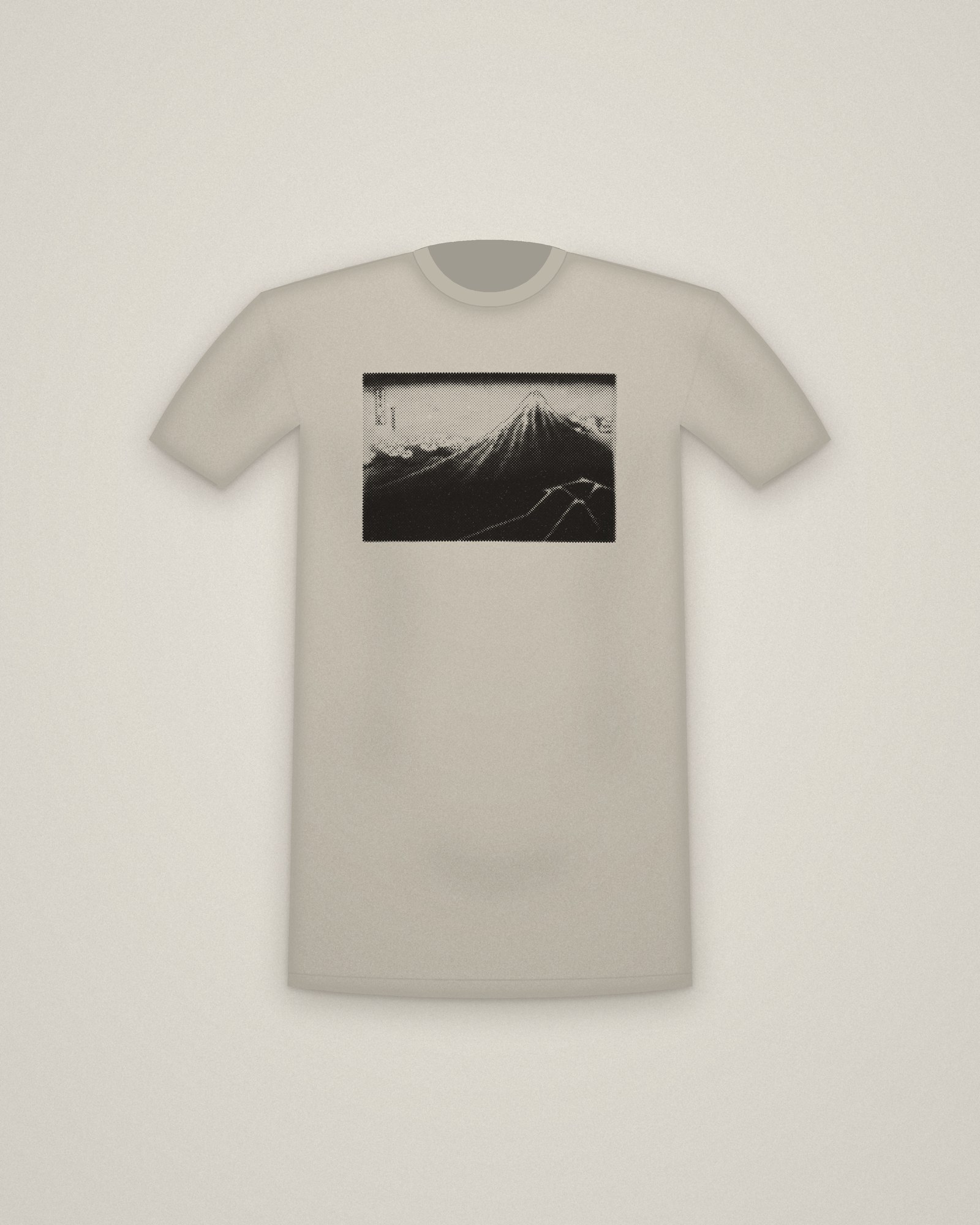 Black Fuji Tee in Stone, Rain Below the Mountain, from Thirty-six Views of Mt. Fuji printed in halftone