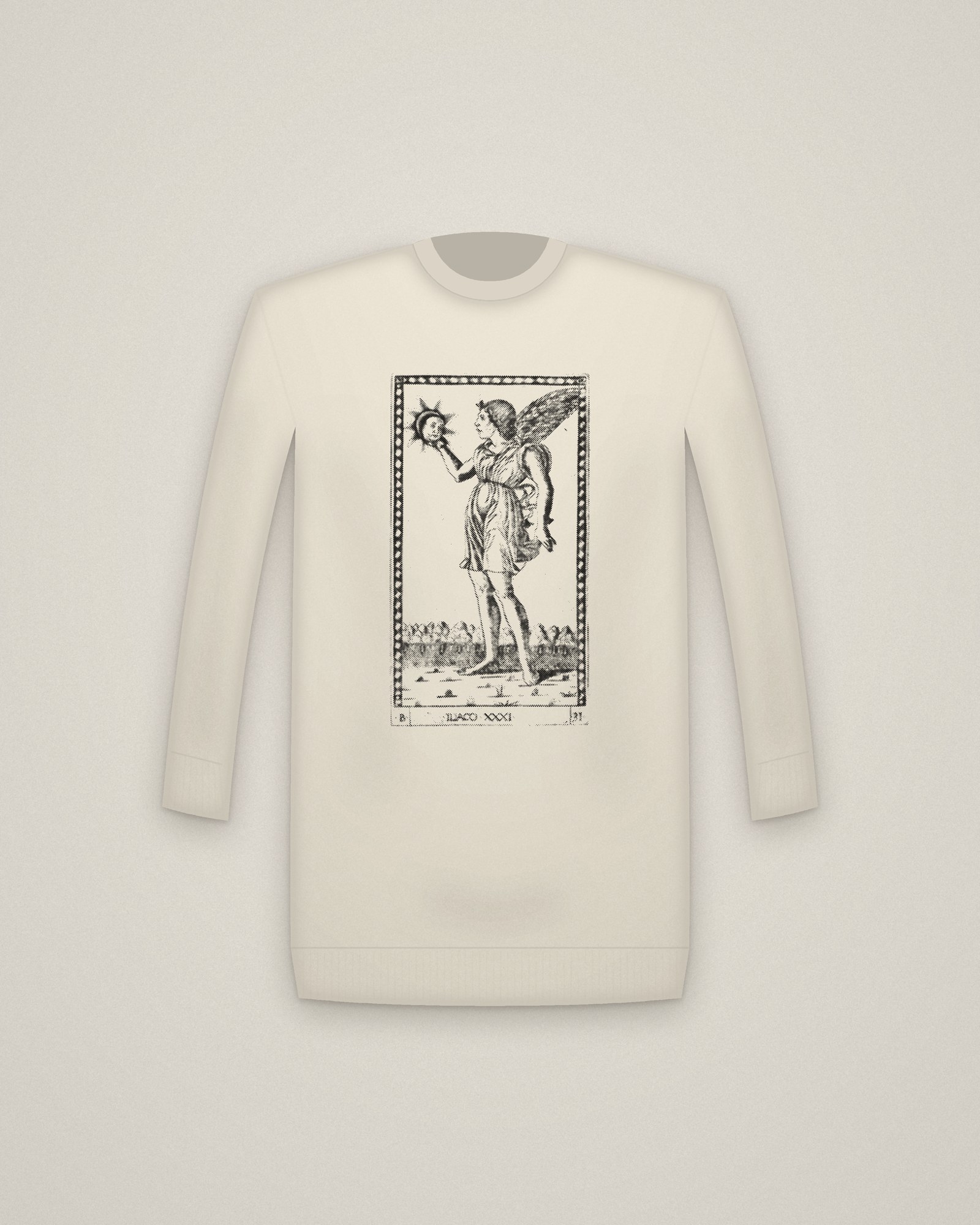 Genius of the Sun Crewneck in Natural, Genius of the Sun, from the Tarocchi printed in halftone