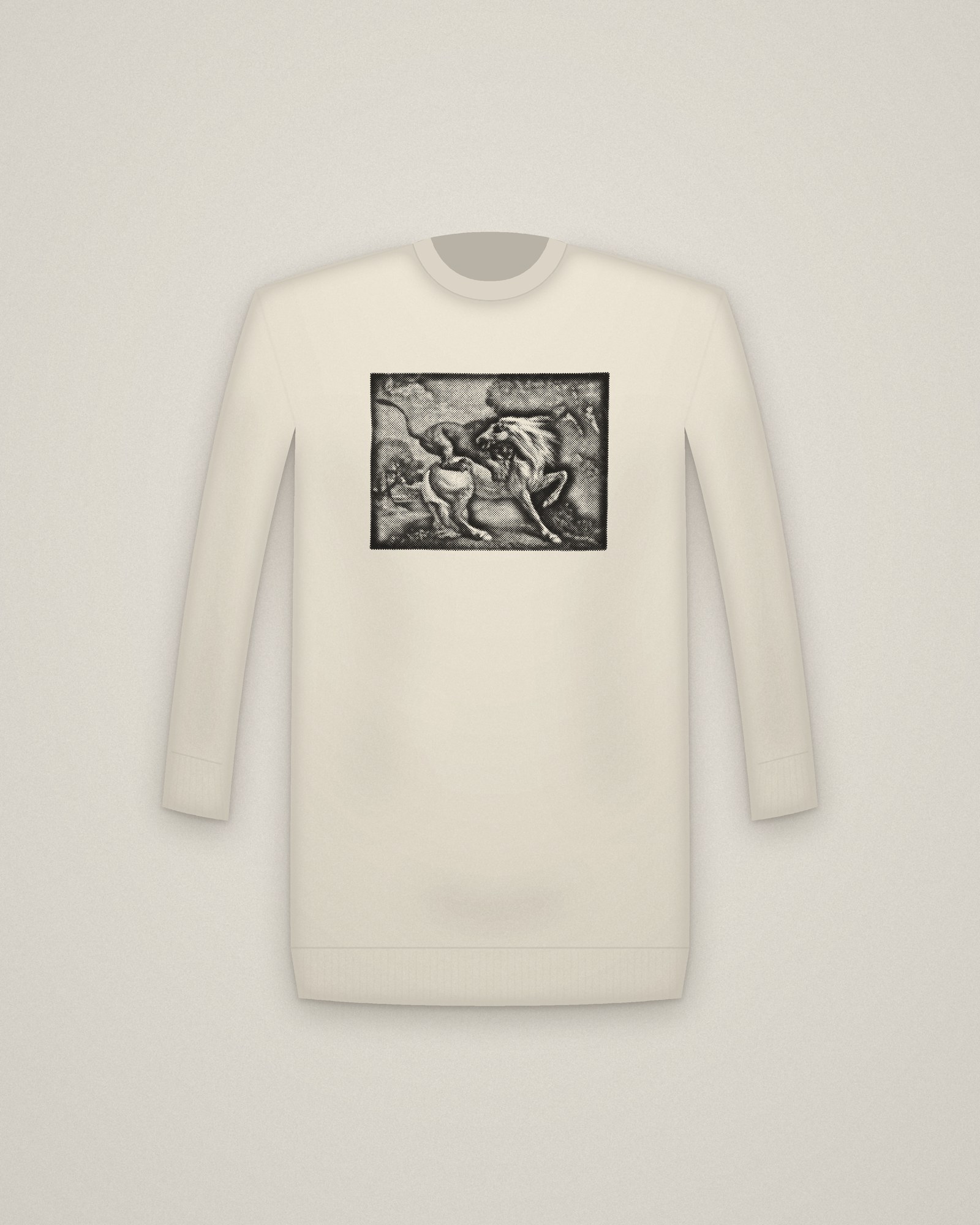 Horse & Lion Crewneck in Natural, A Horse Attacked by a Lion printed in halftone
