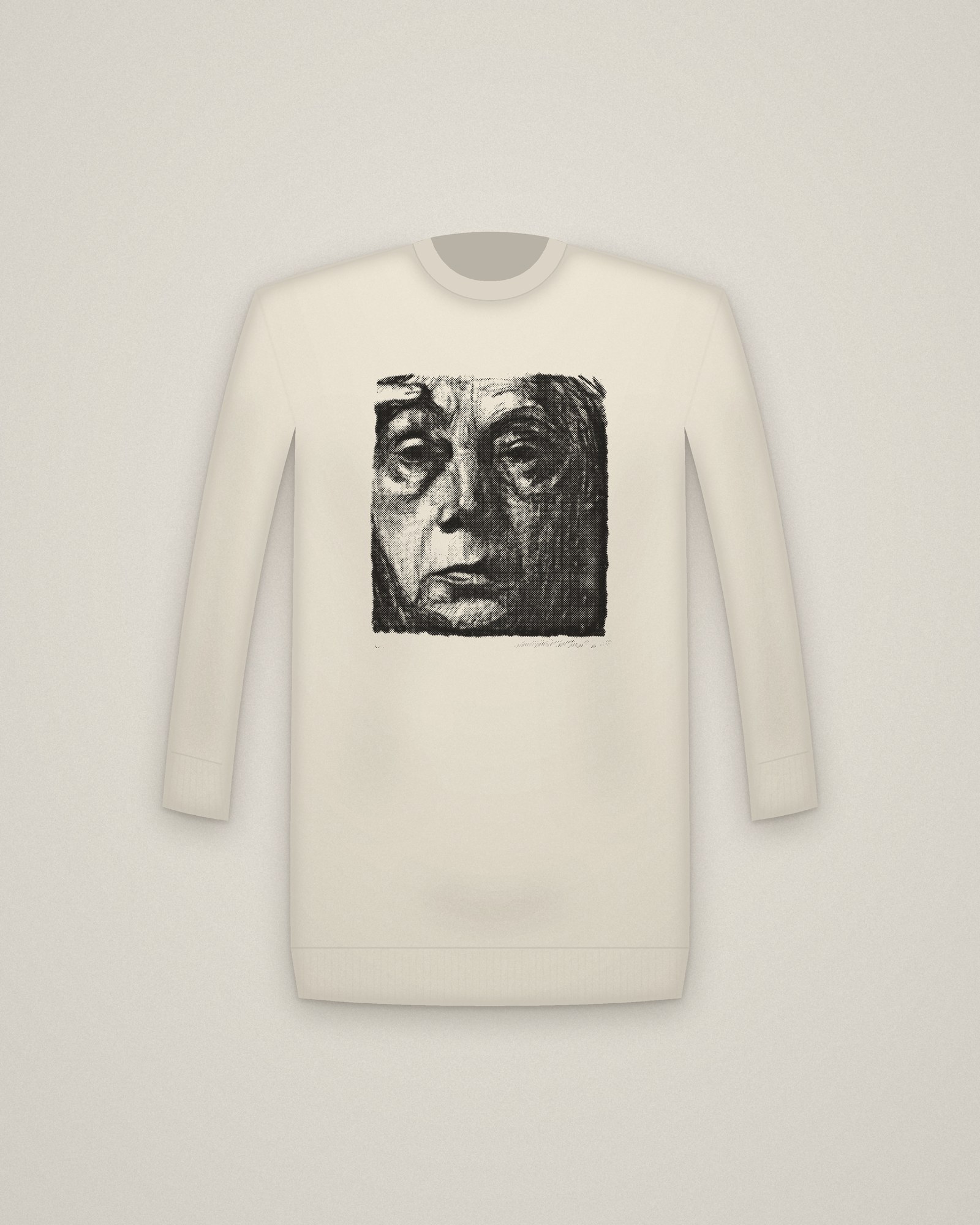 Kollwitz Crewneck in Natural, Self-Portrait printed in halftone