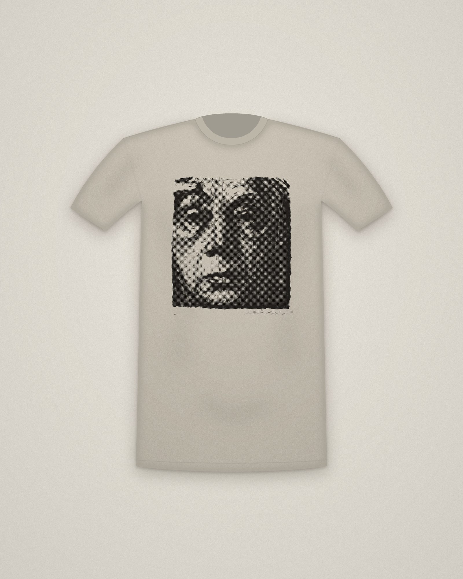 Kollwitz Tee in Stone, Self-Portrait printed in halftone