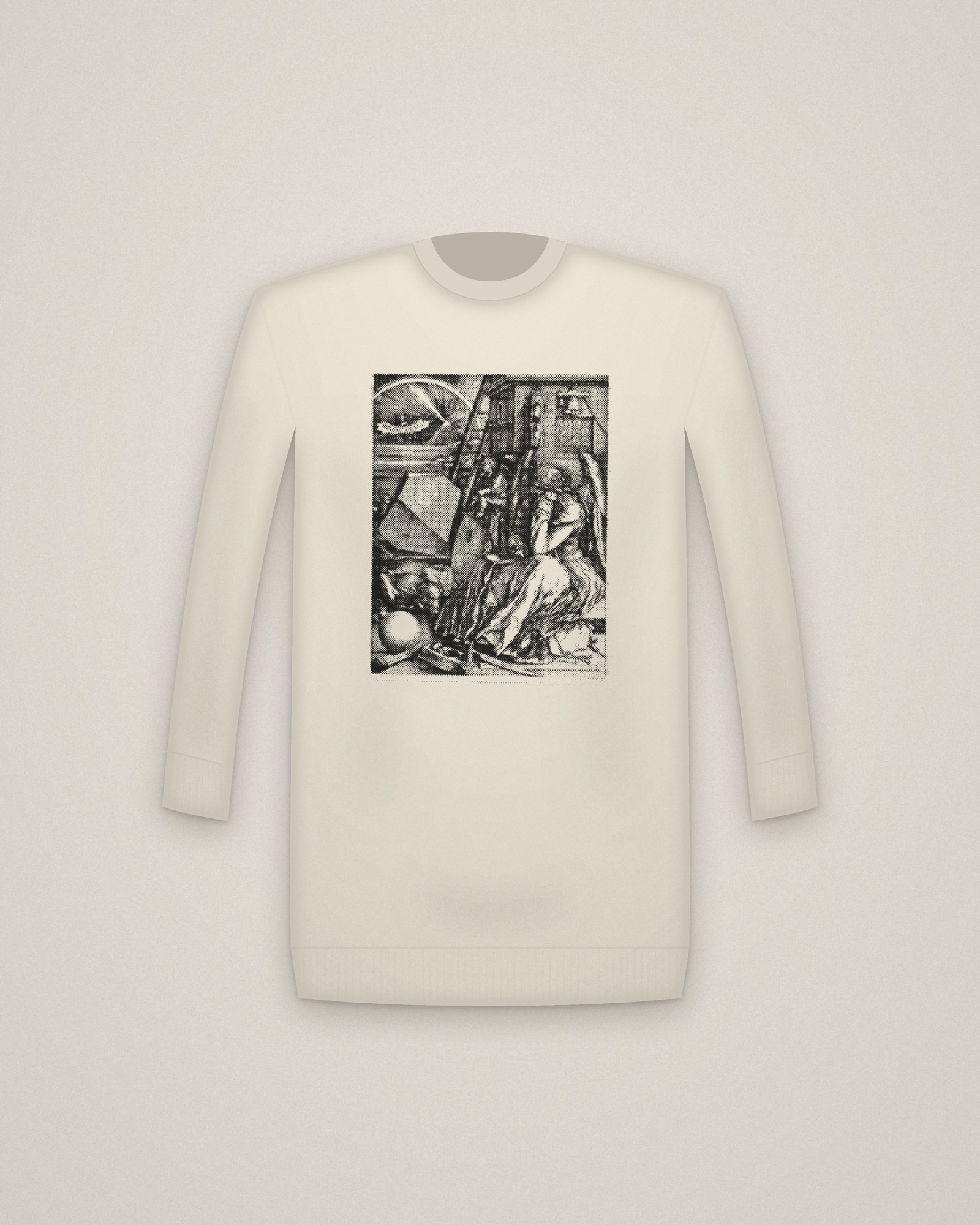 Melencolia Crewneck in Natural, Melencolia I printed in halftone