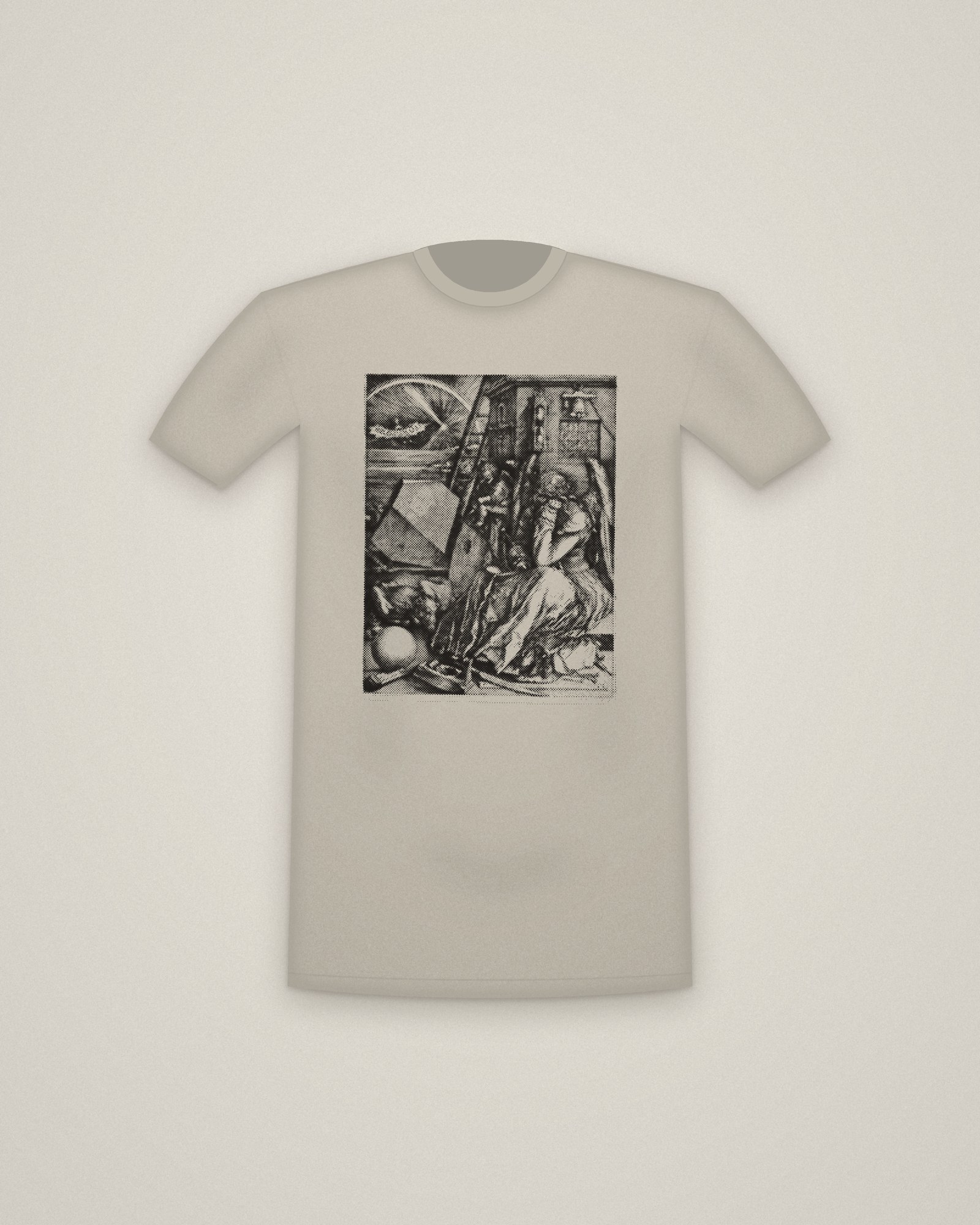 Melencolia Tee in Stone, Melencolia I printed in halftone