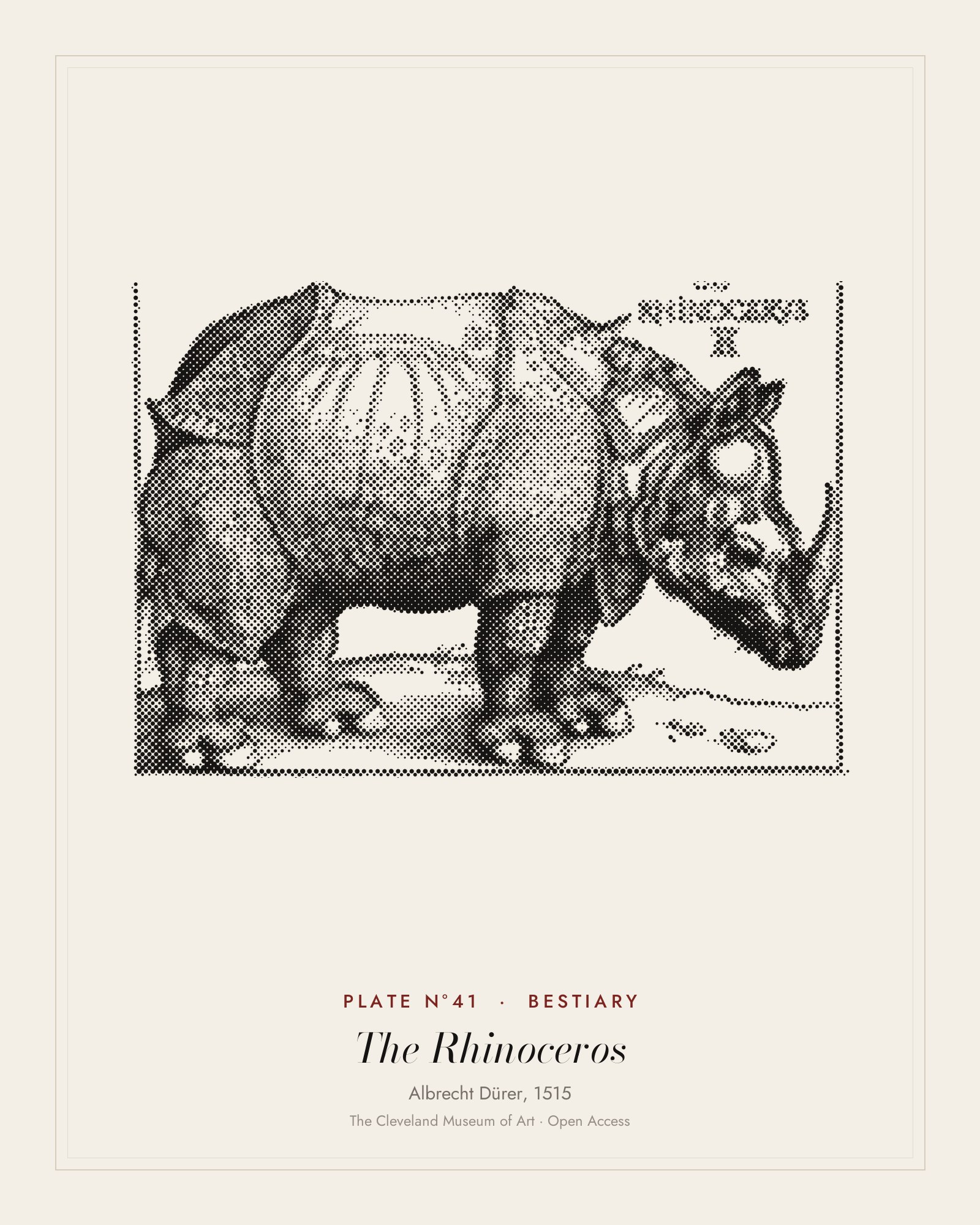 Plate N°41: The Rhinoceros, Albrecht Dürer, 1515