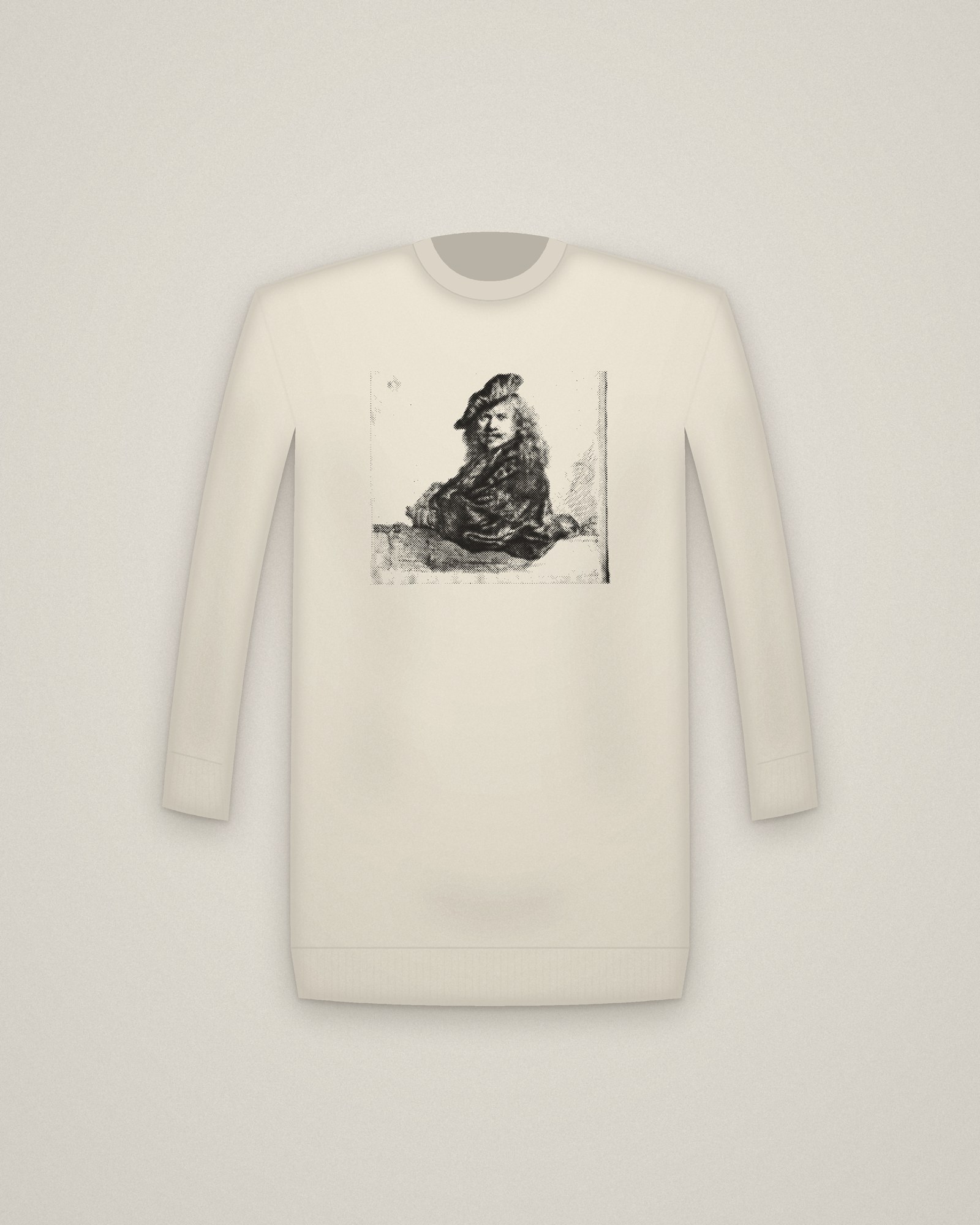 Rembrandt at the Sill Crewneck in Natural, Self-Portrait Leaning on a Stone Sill printed in halftone
