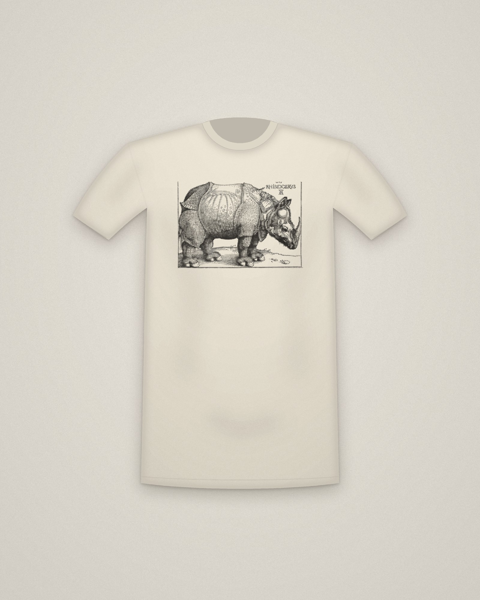 Rhinoceros Tee in Natural, The Rhinoceros printed in halftone