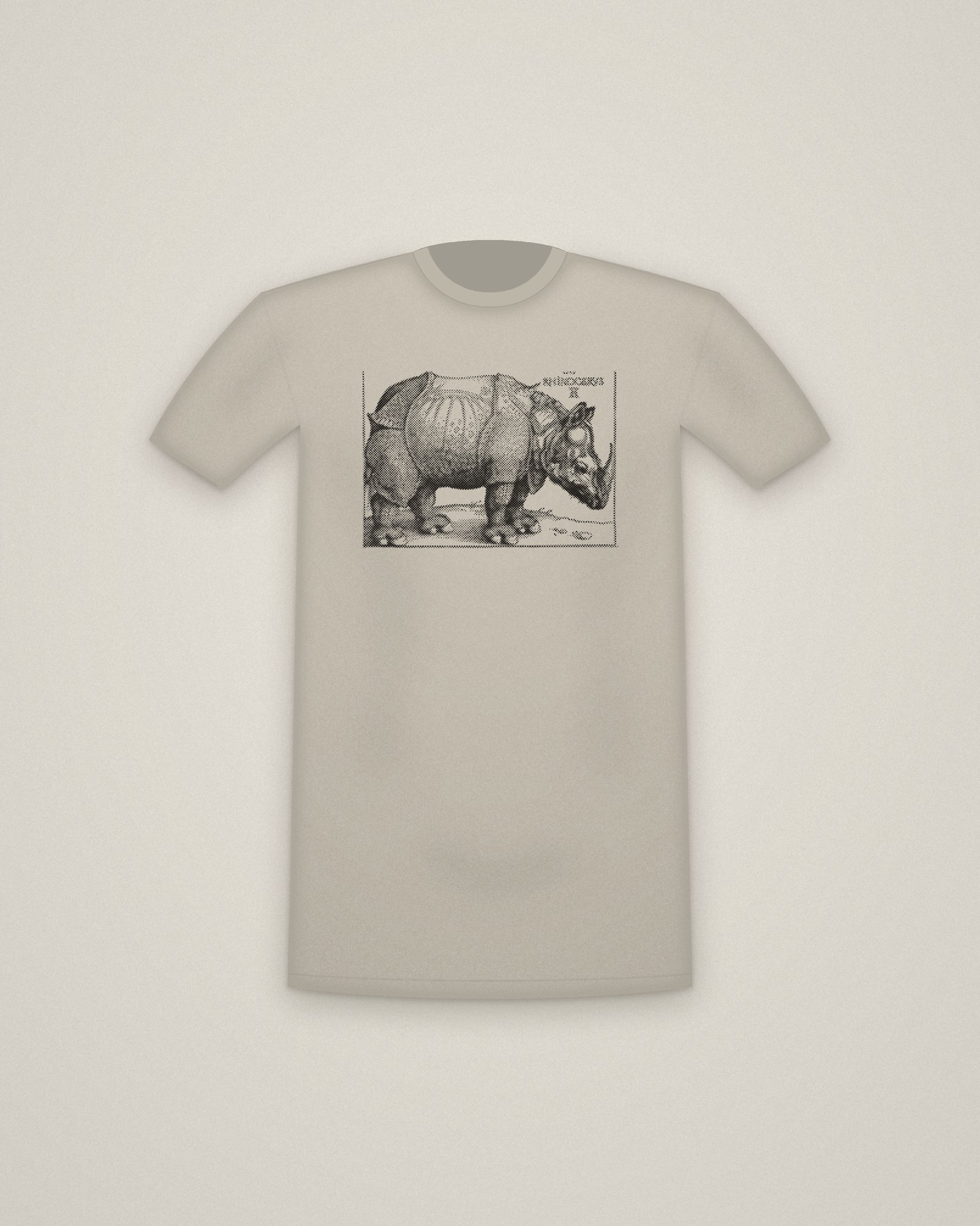 Rhinoceros Tee in Stone, The Rhinoceros printed in halftone